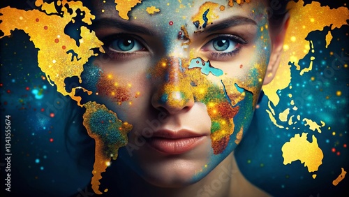 Abstract Dotted World Map Portrait Photography - Global Connectivity Concept