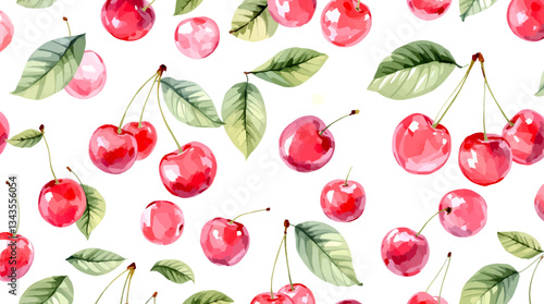 Watercolor red cherries on white background seamless vector pattern	
