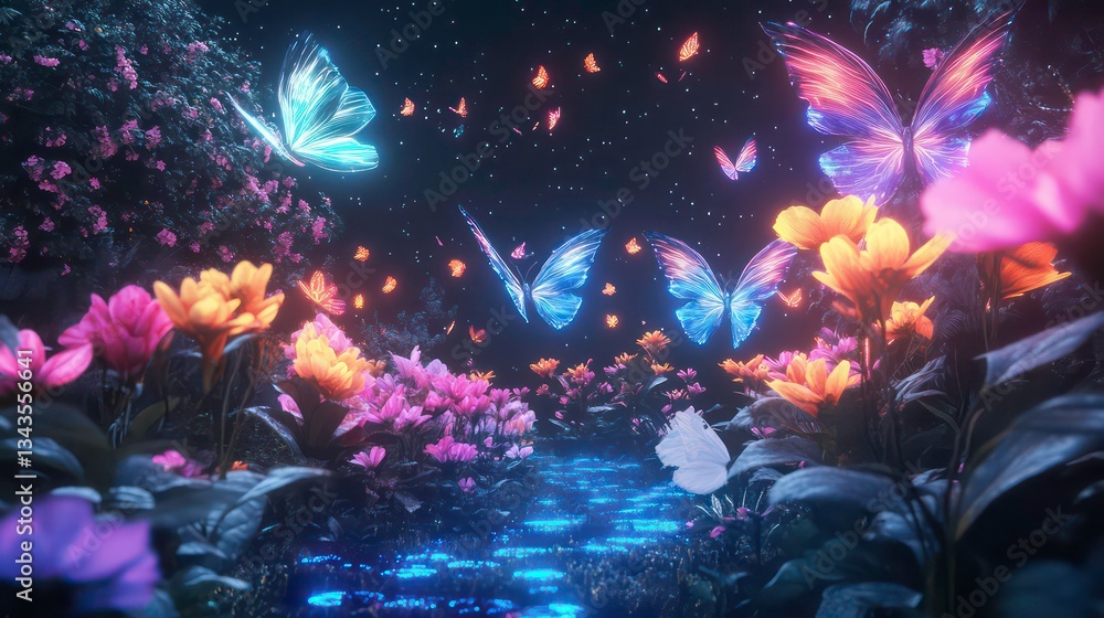 Obraz premium Glowing butterflies and flowers in a magical garden at night.