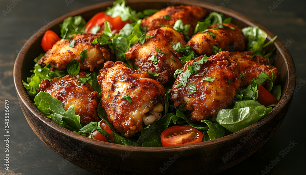 Roasted chicken wings in a fresh salad with cherry tomatoes and lettuce Roasted chicken wings in a fresh salad with cherry tomatoes and lettuce