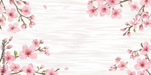 Pink cherry blossoms gracefully adorn a white wooden textured background