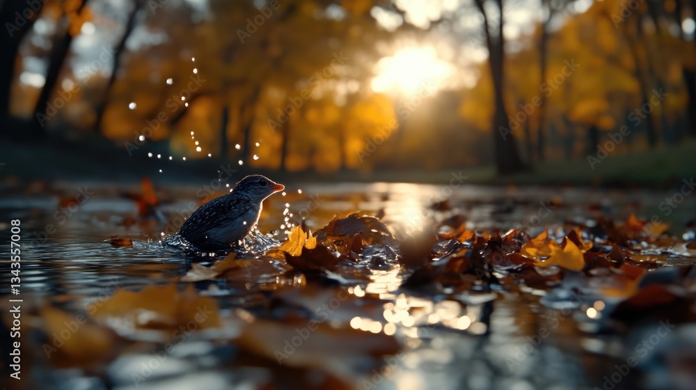 A small bird splashes in a shallow autumnal pool