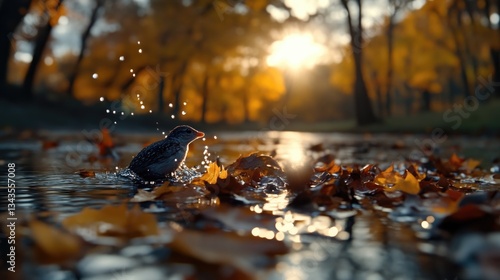 Obraz na płótnie A small bird splashes in a shallow autumnal pool w salonie