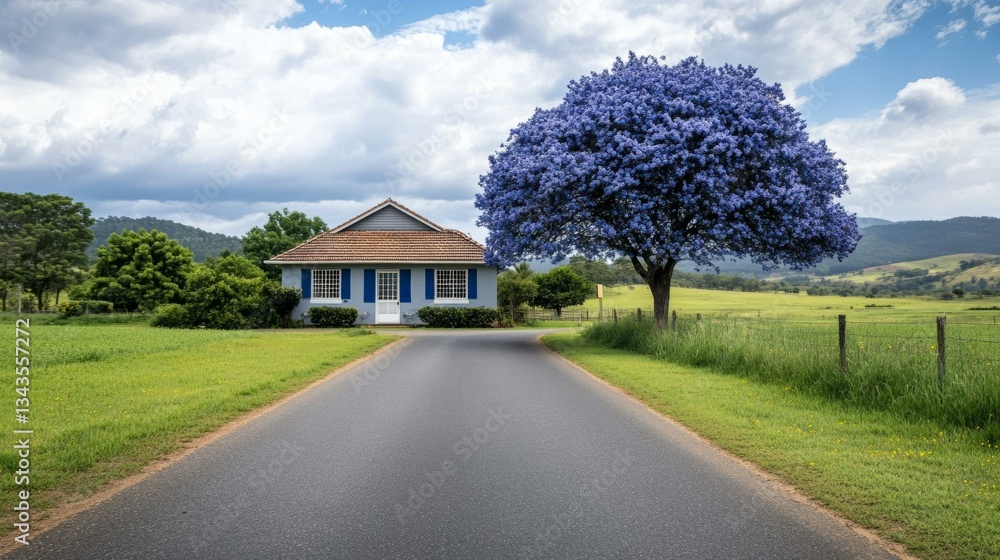 Naklejka premium Charming rural house with vibrant blue jacaranda tree, springtime nature, peaceful countryside retreat landscape