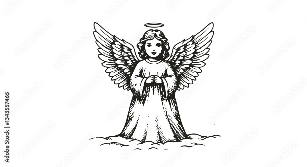 Obraz premium Vintage hand-drawn angel with wings and halo illustration.