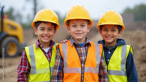 three boys on a construction site in helmets and construction vests
