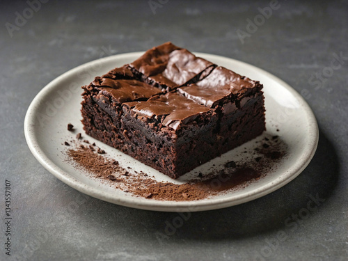 White ceramic plate holding fudgy brownies with a deep chocolate color. photo