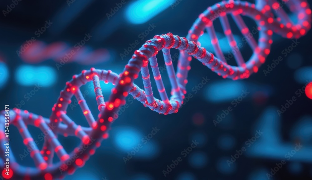 Vibrant 3D Rendering of DNA Helix with Colorful Light Effects Vibrant 3D Rendering of DNA Helix with Colorful Light Effects
