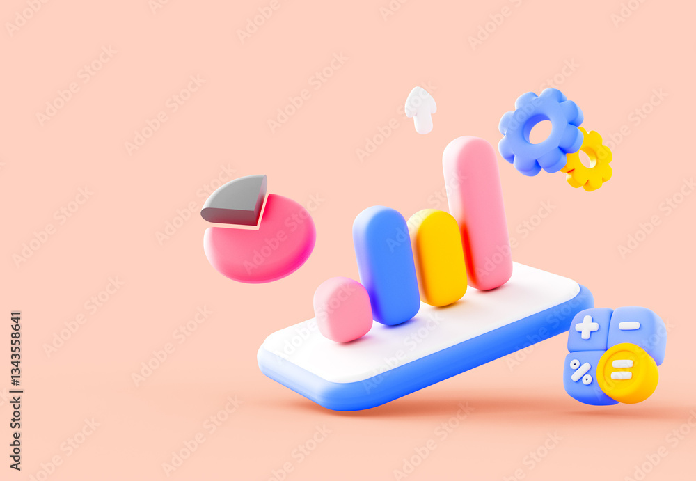 Colorful 3D illustration of business analytics with charts, graphs, and financial symbols, representing data analysis, growth, and financial success.
Colorful 3D illustration of business analytics with charts, graphs, and financial symbols, representing data analysis, growth, and financial success.