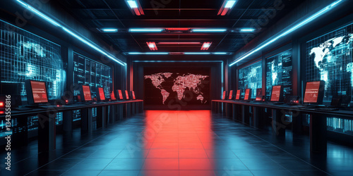 A thrilling 3D background of a secret underground bunker filled with high-tech surveillance equipment, encrypted computers, and holographic world maps. Red warning lights flicker, signaling an
