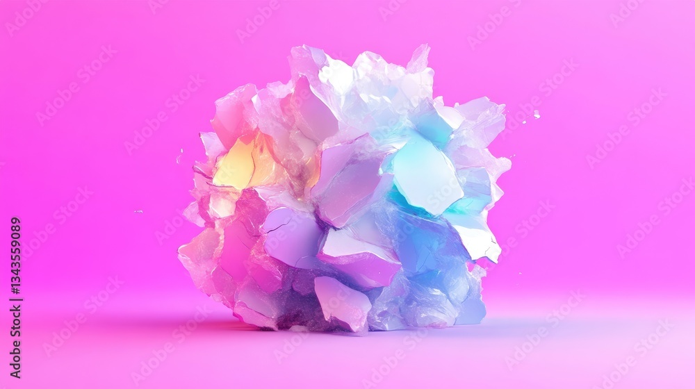 Vibrant, shattered, abstract sphere on a pink backdrop. Delicate, colorful shards radiate outward. Soft, pastel hues create a dynamic, 3D composition