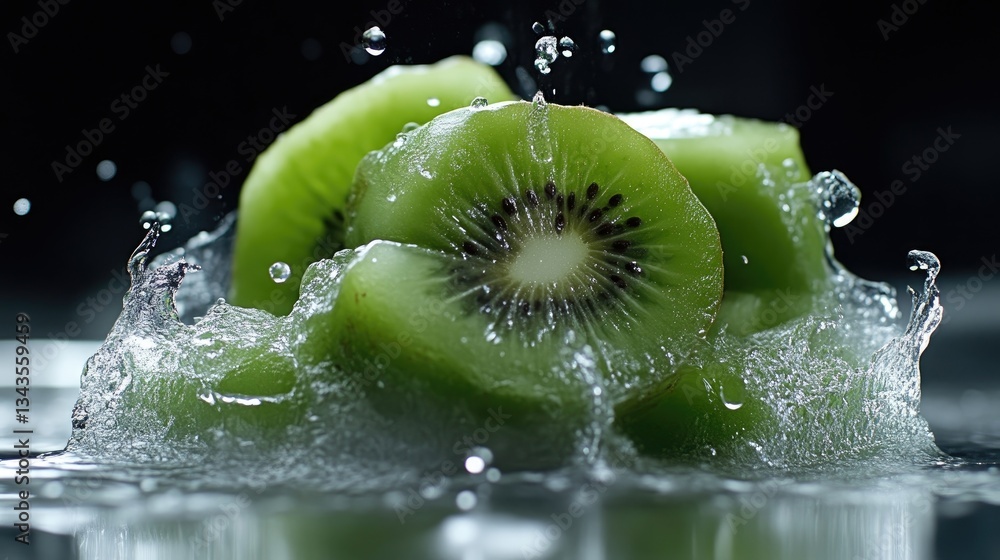Fresh kiwi slices exploding in water