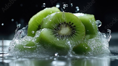 Obraz na płótnie Fresh kiwi slices exploding in water w salonie