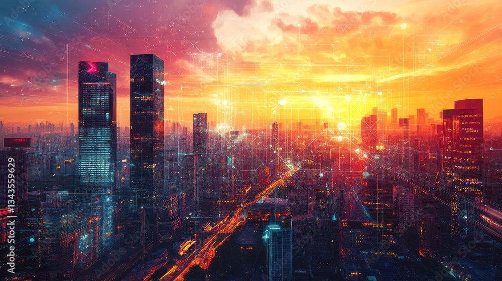 Futuristic Cityscape at Sunset, Aerial View, Technology Futuristic Cityscape at Sunset, Aerial View, Technology