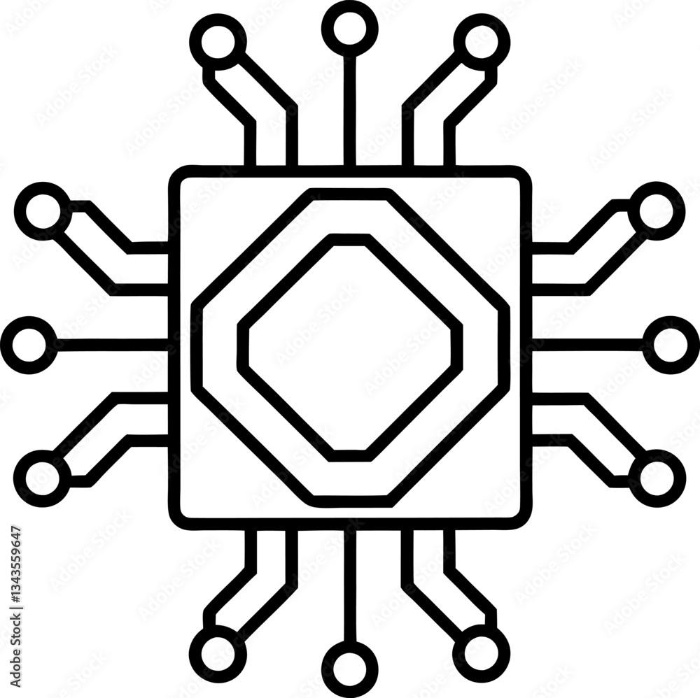 Black and White CPU Icon Illustrating Computer Component Technology, Electronic Circuitry, and Advanced Processing Capabilities Black and White CPU Icon Illustrating Computer Component Technology, Electronic Circuitry, and Advanced Processing Capabilities