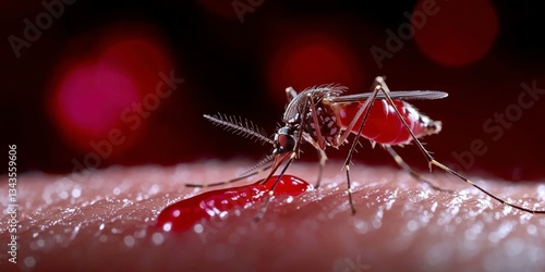 Mosquito Feeding on Human Skin Close Up Detailed View of Blood Sucking Insect in Action on Epidermis