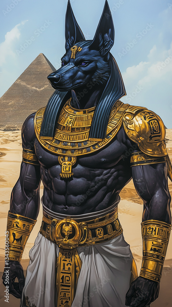 Fototapeta premium Anubis, the Egyptian god of the dead, depicted in stunning detail with dark skin and a powerful physique, stands in a desert landscape
