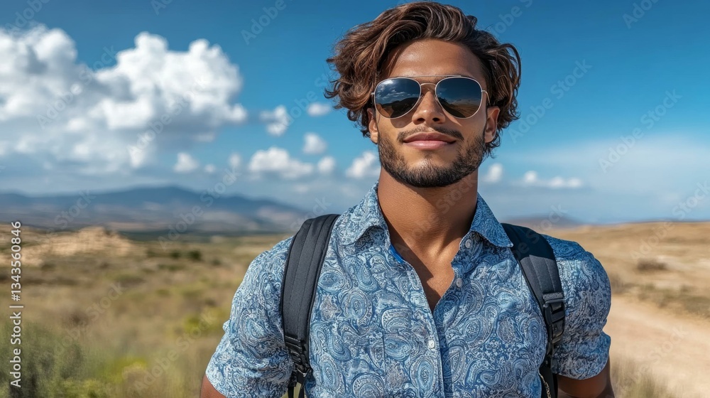 Young man in sunglasses hiking under a blue sky, adventure travel, summer exploration, Hispanic male Young man in sunglasses hiking under a blue sky, adventure travel, summer exploration, Hispanic male