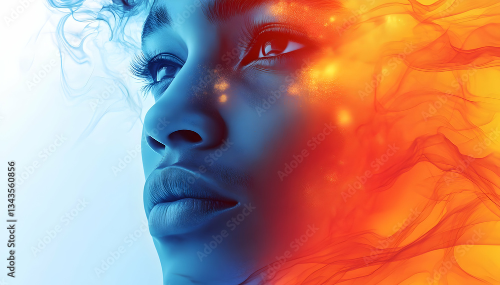 Serene woman's face, partially engulfed in cool blue and warm orange, ethereal flames Serene woman's face, partially engulfed in cool blue and warm orange, ethereal flames
