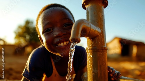 Joyful Boy Drinking Fresh Water from Well in African Village Happy Child and Life Giving Liquid Resource