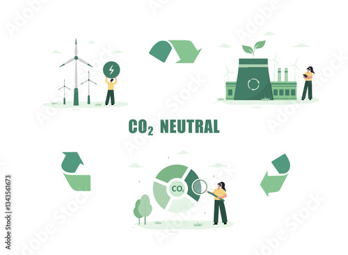 Circular economy. Net zero emissions and carbon dioxide balance. Climate change and sustainability. Vector illustration in flat cartoon style.