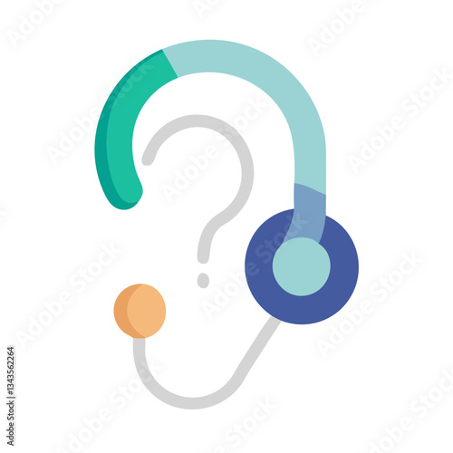 Hearing aid device illustrated with headphones and a question mark for assistance.