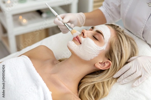 girl at the beautician, beautician makes a face mask, care procedures, skin care, face care, cosmetology