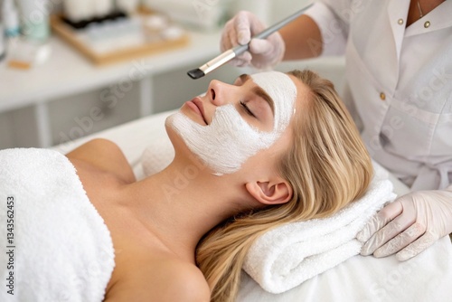 girl at the beautician, beautician makes a face mask, care procedures, skin care, face care, cosmetology