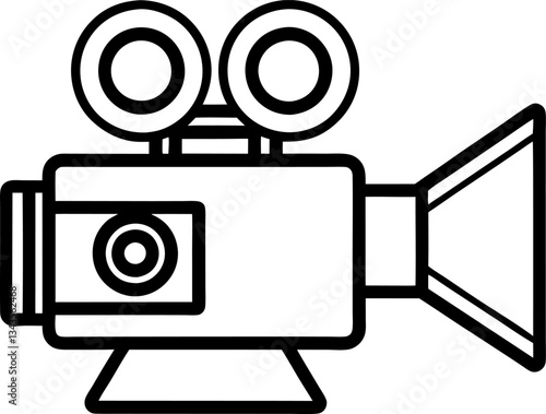 Classic Cinema Camera Icon, Vintage Film Equipment, Media Production Symbol, Black and White Illustration