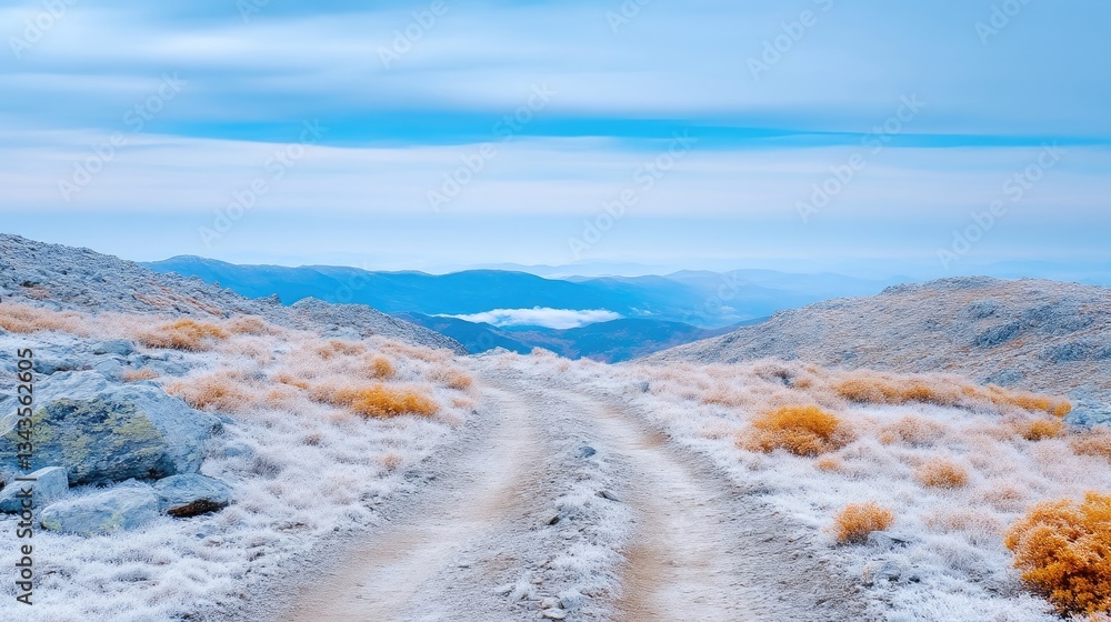 Frozen mountain path. Panoramic vista