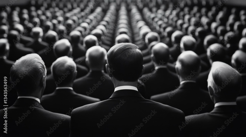 Obraz premium Monochrome rows of suited men, abstract corporate identity, business uniformity concept, professional gathering