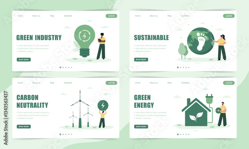CO2 neutral. Set of Landing page templates. Net zero emissions and carbon dioxide balance. Eco industrial development concept. Green factory. Vector illustration in flat cartoon style.