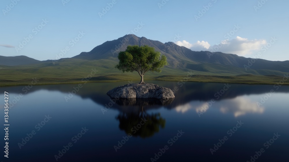Serene solitary tree on a rock islet in a placid lake, reflecting a mountainous backdrop