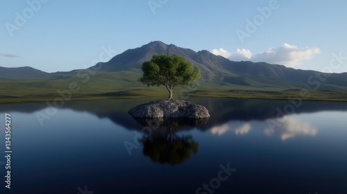 Obraz na płótnie Serene solitary tree on a rock islet in a placid lake, reflecting a mountainous backdrop w salonie