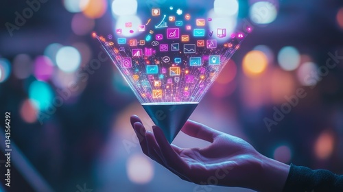 A hand holding a marketing funnel with digital icons for social media advertising strategy