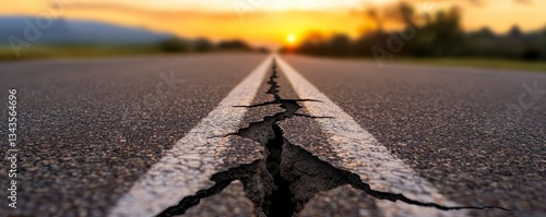 Cracked Asphalt Road at Sunset Suggesting Infrastructure Decay and Environmental Impact Issues