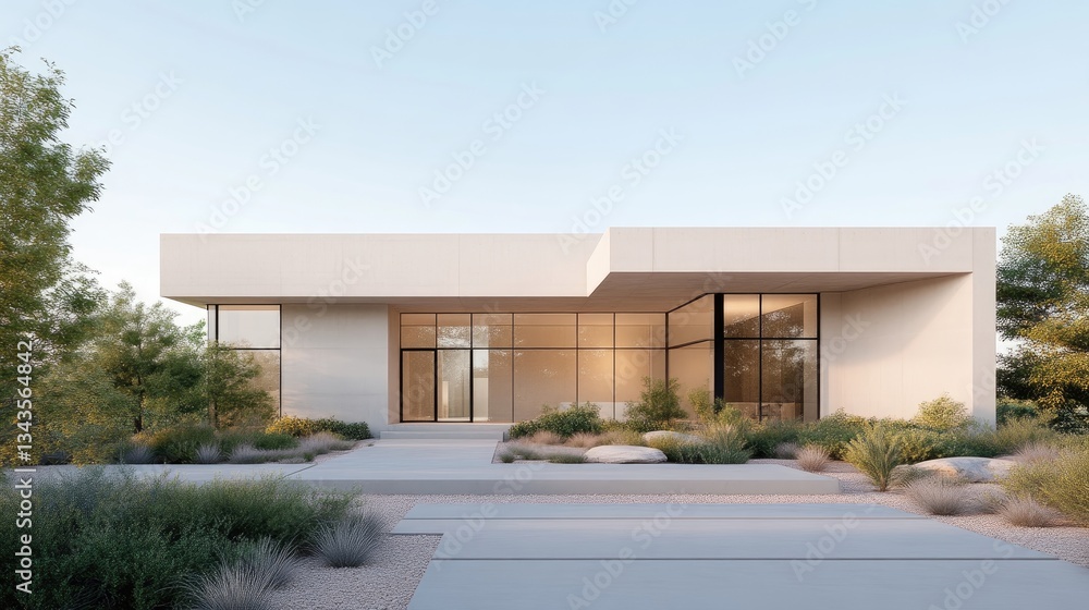 Modern, light beige contemporary home with large windows and a landscaped yard