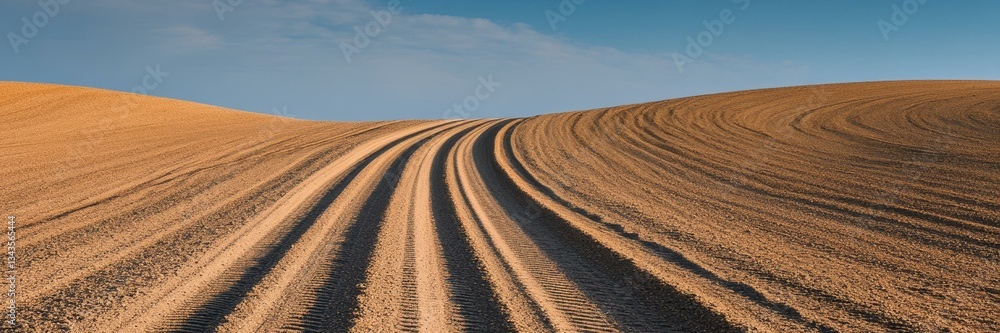 Plowed field with rolling hills under blue sky, rural farming, agriculture, natural landscape beauty Plowed field with rolling hills under blue sky, rural farming, agriculture, natural landscape beauty