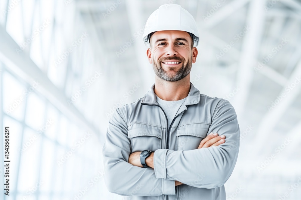 Construction worker with safety helmet smiling confidently in a modern building hall Construction worker with safety helmet smiling confidently in a modern building hall