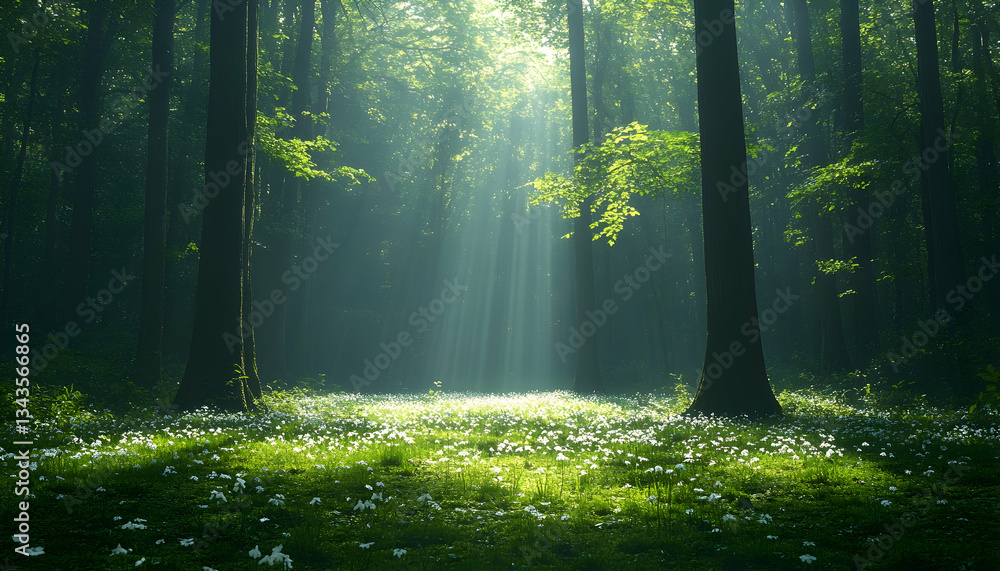 Fototapeta premium Sunbeams pierce a misty forest, illuminating a field of white wildflowers