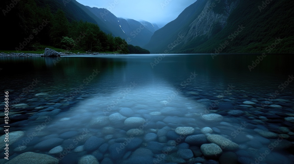 Serene mountain lake at twilight. Clear water reflects the surrounding peaks and forests in a tranquil, peaceful scene. The shallows reveal a path of smooth stones