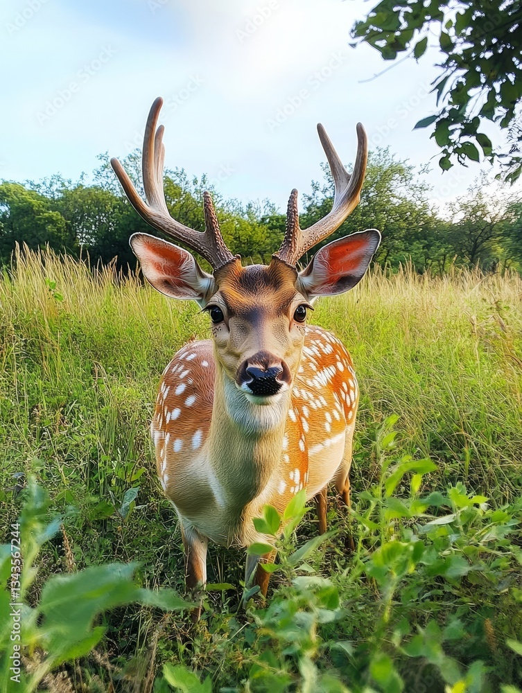 Naklejka premium Enchanting Deer Portrait: A Glimpse into Wild Nature's Beauty in Lush Green Meadow, Captivating Animal with Spotted Fur and Majestic Antlers