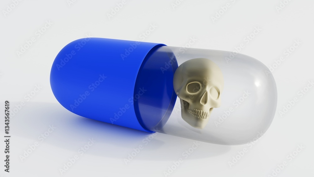 A 3D rendered image of a pill capsule containing a skull. The potential danger of medication, the pills can become a source of harm rather than healing. A 3D rendered image of a pill capsule containing a skull. The potential danger of medication, the pills can become a source of harm rather than healing.