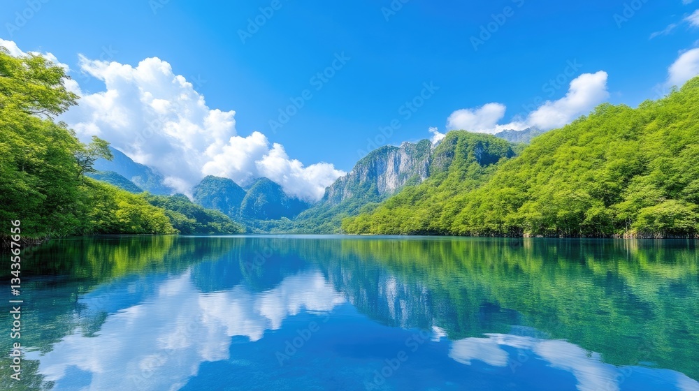 Serene mountain lake landscape under a vibrant sky. Tranquil water reflects the clouds and mountains, surrounded by lush green forests