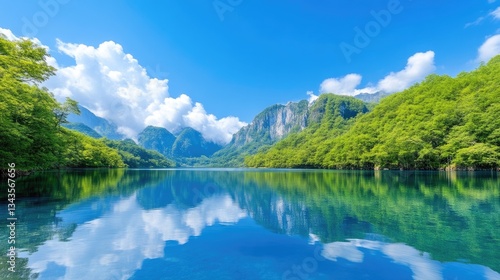 Obraz na płótnie Serene mountain lake landscape under a vibrant sky. Tranquil water reflects the clouds and mountains, surrounded by lush green forests w salonie