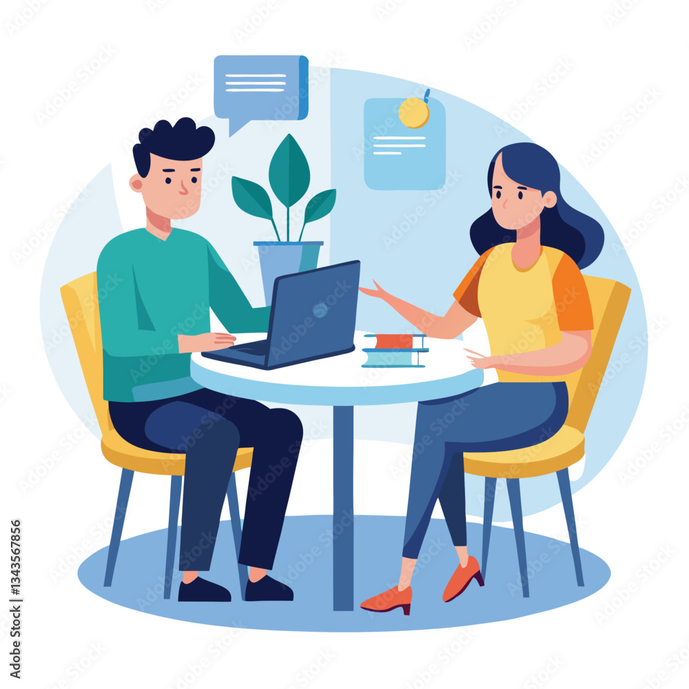 Partners meeting for business discussion with documents and laptop on desk. Couple at round table, speaking, discussing work, partnership. Flat vector illustration isolated on white background Partners meeting for business discussion with documents and laptop on desk. Couple at round table, speaking, discussing work, partnership. Flat vector illustration isolated on white background