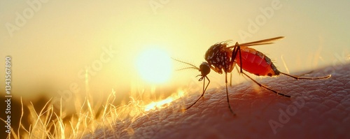 Mosquito Feasting on Skin in Golden Light
