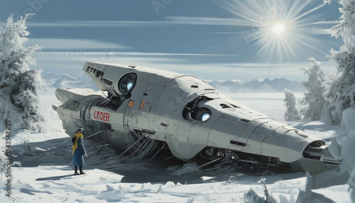 nave spaziale astronave abbandonata nella neve trovata da un'escursionista immagine surreale, spaceship abandoned in the snow found by a hiker surreal image