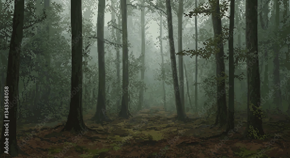 Obraz premium Illustration of a hazy forest with tall trees - evokes a sense of mystery - suitable for gaming background or digital art portfolio.
