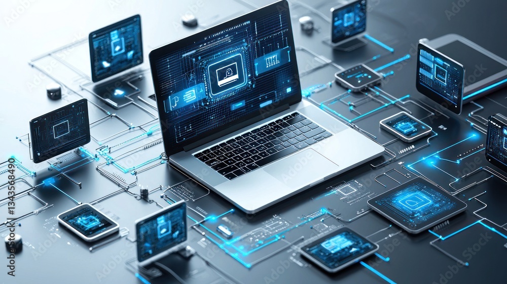 Modern technology depicted through computers and connected devices illustration Modern technology depicted through computers and connected devices illustration